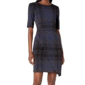 Betsey Johnson Navy Blue Black Plaid Asymmetrical Hem Sheath Dress Womens Size 2